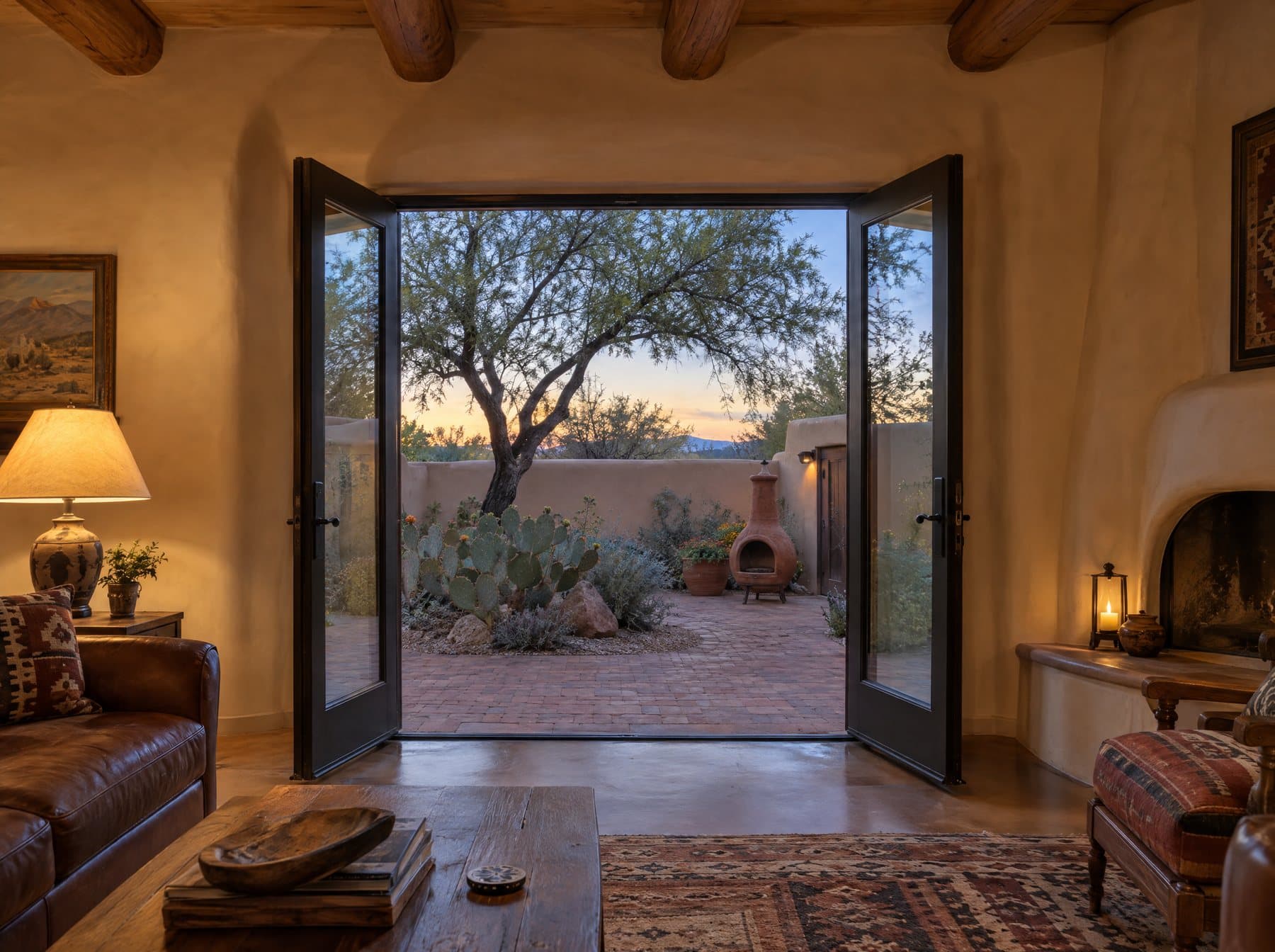 Pair of black French doors swung open onto a travertine patio